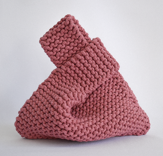 hand knitted knot bag, made with 100% recycled cotton textiles