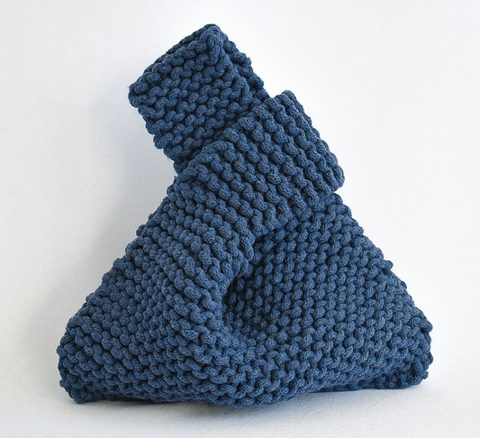 hand knitted knot bag, made with 100% recycled cotton textiles